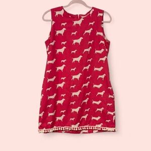 Preppy adorable pink mini shift dress with dog print and Pom poms women’s xs